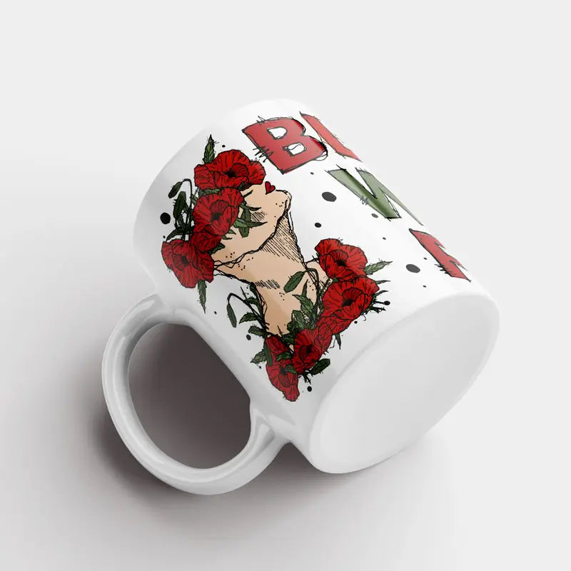White mug with a portrait of a woman with red poppy flowers, Lebanese flower mug